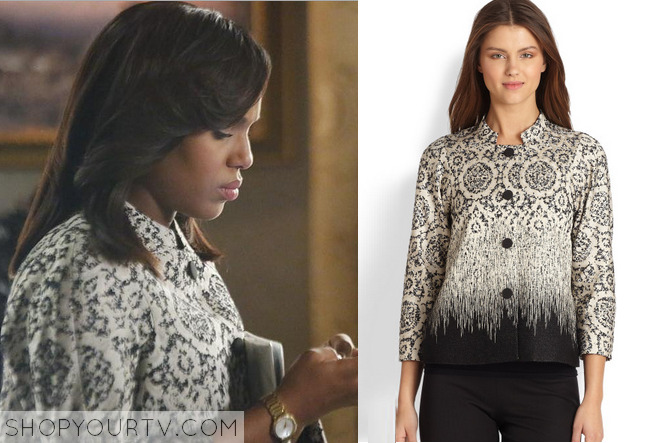 shopyourtv:
“ Scandal: Season 3 Episode 14 Olivia’s Black and White Print Jacket
Olivia Pope (Kerry Washington) wears this white and black cropped printed jacket in this week’s episode of Scandal.
It is the Lafayette 148 New York Carmina Jacquard...