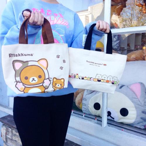 Rilakkuma & Sumikko Gurashi Mini Canvas Tote Bags NEW at JapanLA! Perfect for carrying your lunc