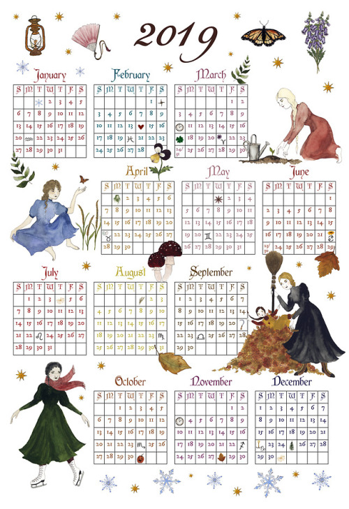 My new 2019 Witch’s Calendar, featuring major and pagan holidays and zodiac signs as the witches spi