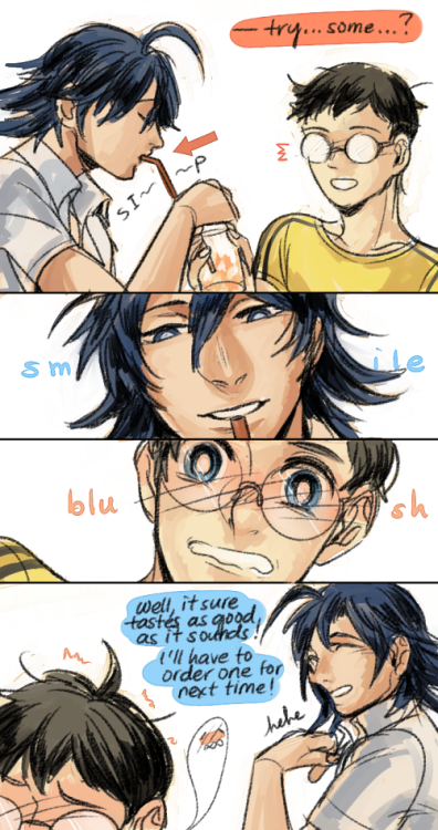 anhedoniia:  yowaped art trade with Ena!! (check out her fantastic art blog yo!) prompt was onoda and manami sharing their animate cafe drink 8’^) mountain…spew… hahahaaaa… 