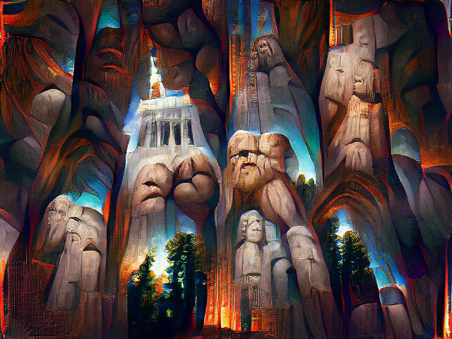 A painting of stone columns, redwood treetops, and humanoid stone pillars. The overall effect is of blue sky glowing from between deeply textured red arches.