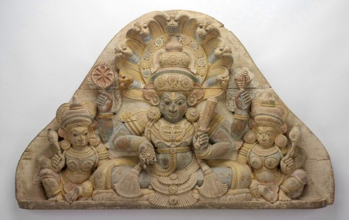 Vishnu, Lakshmi and Bhumi, wood panel from kerala