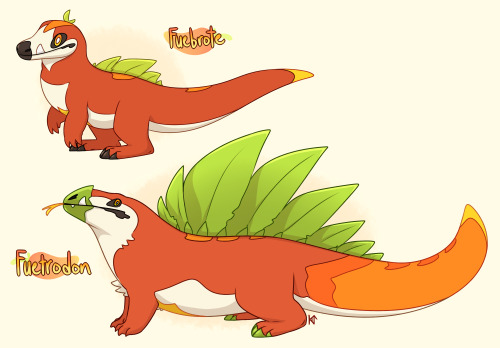 norisus:Some fire/grass fake evolutions for fuecoco! I was inspired by suchomimus, dimetrodon, and Pepper! &lt;3