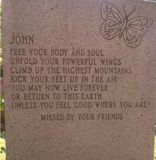 Epitaph of John Laird McCafferty (1940-1995) in Montreal’s Mt. Royal Cemetery: (Read the first lette