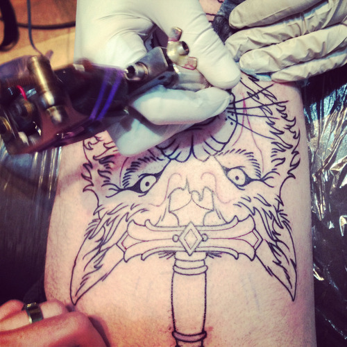 fuckyeahtattoos:  My traditional wolf and dagger getting done at sleeping giant tattoo in san diego by chris primm. This dude is awesome.  Holy shit it’s my tattoo lol!! Www.shitwasted.tumblr.com better finished picture coming soon!