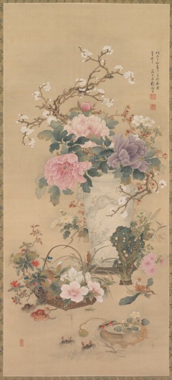 cma-japanese-art: Vase of Flowers with Grasshopper, Marine Life, and Garden Rock, Okabe Ko, late 180