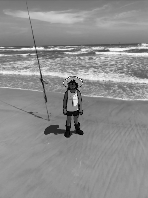 A digital drawing of Bonnie placed over a real photograph of a beach. They are standing next to a very tall fishing pole mounted in the sand and staring blankly at the camera.