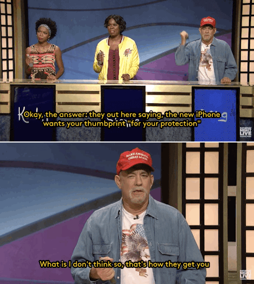 refinery29:  Okay, we’re calling it. This is going to be one of the best SNL skits this yearHere’s the scene: Tom Hanks is a Donald Trump supporter who’s made it onto an episode of Black Jeopardy. Surprisingly, Hanks (Doug in the sketch) is great