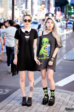 tokyo-fashion:  Akane and Christina on the street in Harajuku after dark with tattoos, piercings, platform sandals, and resale items. Full Look 