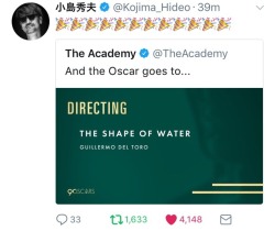 sirlorence:The best part of The Shape of Water winning is that we get to see Kojima’s love and support for his friend.