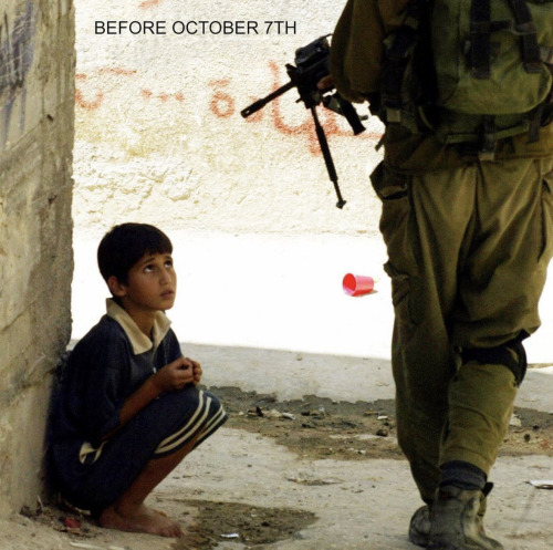 A little boy sits on the floor and looks up at a faceless soldier, who holds a rifle in his face. Text on image reads, "BEFORE OCTOBER 7TH."