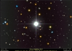 electricspacekoolaid:  Update on the Bright New Nova Delphini 2013  Since showing itself on August 14, 2013, a bright nova in the constellation Delphinus — now officially named Nova Delphini 2013 — has brightened even more. As of this writing, the