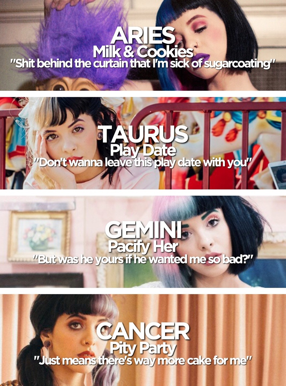 honeydoyouwantmenow:  The signs as Melanie Martinez songs  (This is my opinion based