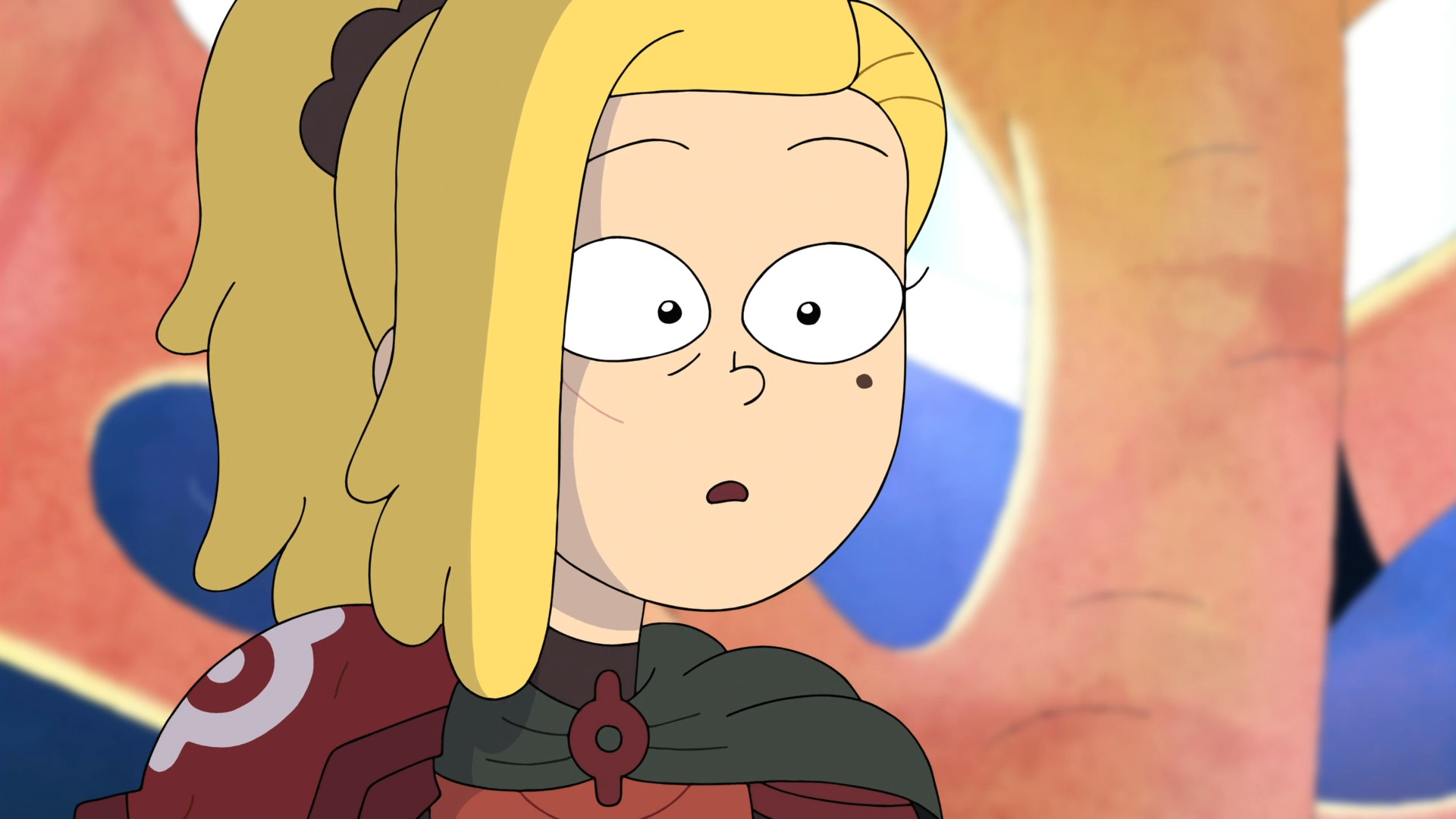 Close-up of Sasha's eyes widening in surprise as she sits upon the throne.