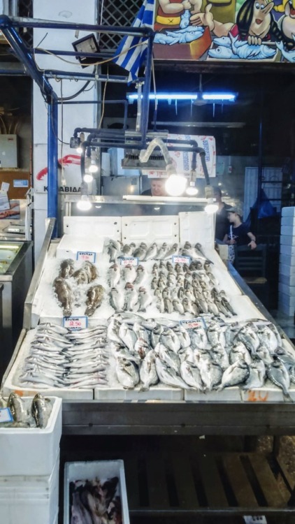 [30.07.2019 - Athens, Greece]Fish stands in the Δημοτική Αγορά, Athens’ public market.