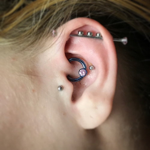 brepiercing: Ended my night with this cute little daith piercing. Titanium CBR anodized blue with a 