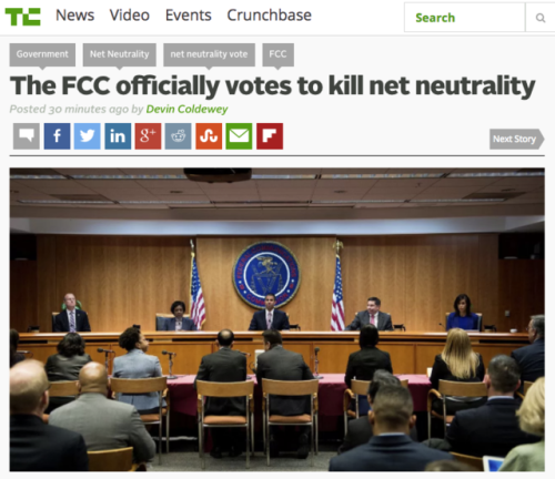 come-forth-into-the-light: mediamattersforamerica: BREAKING: The FCC just voted to repeal net neutrality, meaning we’re all screwed. TV news shows were essentially silent about this for the three weeks leading up to the vote. When I saw this post on