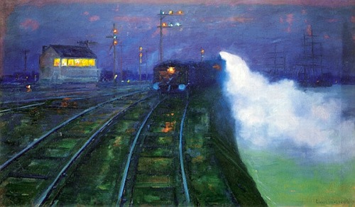 Train Leaving Station Cardiff Docks  -  Lionel Walden 1896American painter 1861-1933