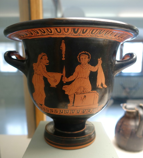 lionofchaeronea:A scene from Aristophanes’ Thesmophoriazousae.  Apulian red-figure krater, artist un