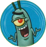 blue sticker of plankton making a pose that resembles speaking confidently.