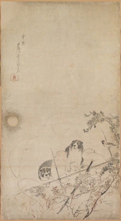 cma-japanese-art: Puppies, Sparrows and Chrysanthemums, Nagasawa Rosetsu, 1754-1799, Cleveland Museu