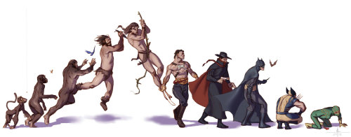 xombiedirge:  Comvolution by Miko Punsalan Left to right: Monkey, Ape, Hominid, Vandal Savage, Tarzan, John Carter, The Shadow, Batman, Wolverine, and Kick-Ass