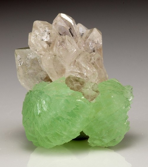 bijoux-et-mineraux:  Quartz on Prehnite -  Goboboseb Mountains, Erongo Region, Namibia  