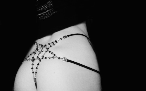 barbiefashionbitch: model: Nana Ichigo.  Rosary Pentagram Thong by Diktator Fashion Lab