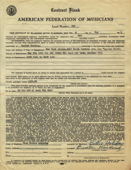 walterfilmusa:   BILLIE HOLIDAY-SIGNED CONTRACT (1952)Completed and signed performance contract blank, 11 x 8 ½" (28 x 21.5 cm.), USA. The great Billie Holiday’s contract for a three-week engagement to perform at the New Club Alabam in South