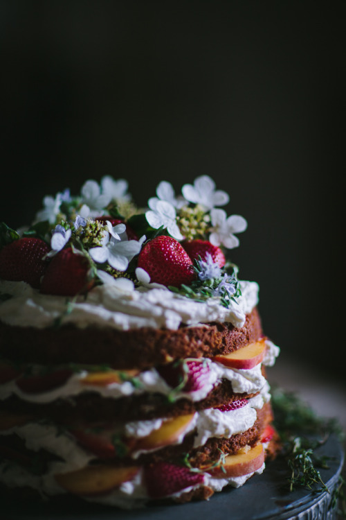 sweetoothgirl: Strawberry, Thyme, &amp; Peach Buttermilk Cake with Mascarpone Whipped Cream