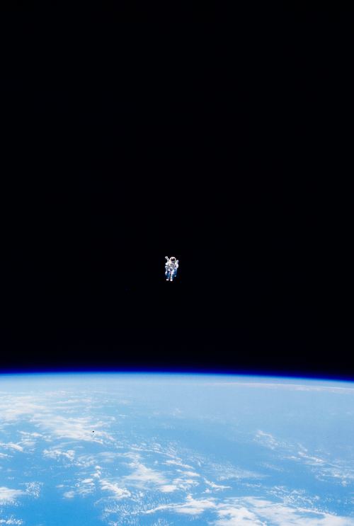 The view of and from Bruce McCandless while conducting the first untethered EVA and preliminary test