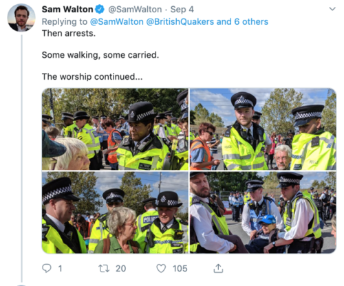 quakerism:Twitter thread by peace activist Sam Walton about police response to British Quakers prote
