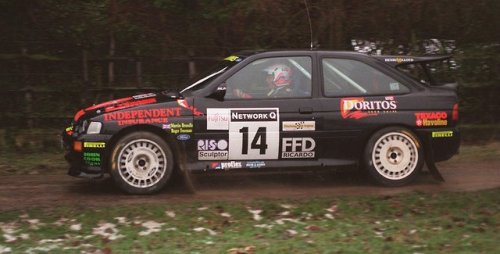 Martin Brundle and Roger Freeman in their Ford Escort RS Cosworth at the R.A.C. Rally in 1996. They 