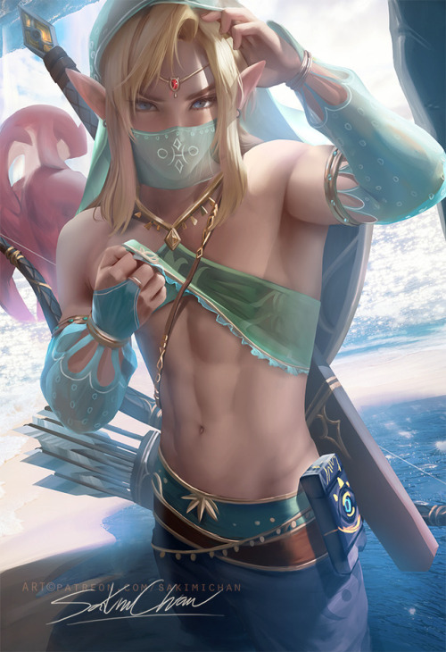 sakimichan:  GerudoLink from Botw <3 ^_~ Enjoyed painting this pretty guy~Masked and unmasked. nudie,PSD+3-4k HD jpg,steps, etc>https://www.patreon.com/posts/15067098   