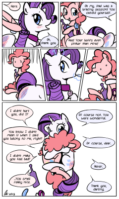 fearingfun:  shunkawarakin:  orange-soda-with-leather:  collaredginger:  raspdraws:  themanesex:  Rarity really loves getting a bit of rough treatment, and Pinkie loves to make her smile. Sometimes she needs a little reassurance afterward, though.  What’s