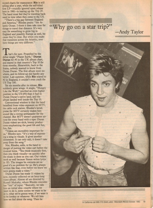 generoraro:  DURAN DURANNot Just A Pretty FaceBy Scott IslerFeatured on the October 1983 issue of Tr