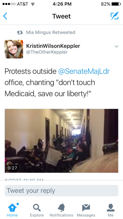 mysticben: Disabled and chronically ill Americans protesting the repeal of the affordable care act today outside senate majority leader Mitch McConnell’s office, June 22nd. The response? Capitol police violently moving them as always. Fuck the police