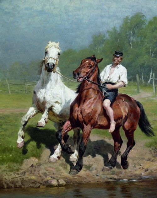 art-and-things-of-beauty:Otto Bache (1839-1927) - Rider with two horses, oil on panel, 39 x 32 cm. 1