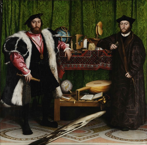 The Ambassadors [1533]- Featuring an anamorphic skull in foreground of painting. Fantastic 16th cent