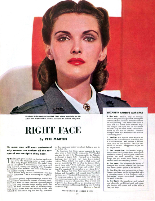 Elizabeth Arden’s War Face“Right Face”Saturday Evening Post, March 13, 1943Photogr
