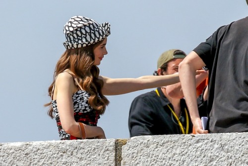 Lily Collins, Ashley Park and Camille Razat filming Emily In Paris in Villefranche-sur-Mer (C&o