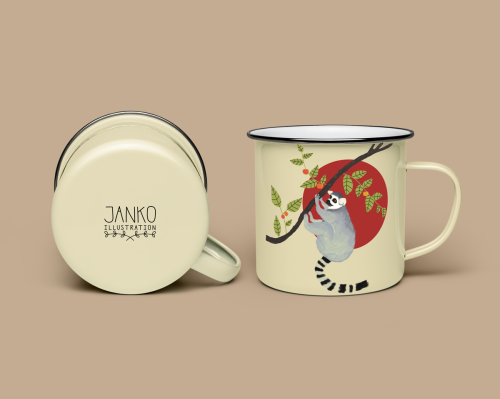 Imagined enamel mug with my ‘Lemur’ design.facebook   redbubble   society6   instagram 