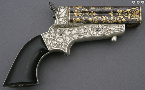 An engraved and gold inlaid copy of a Sharps four shot derringer, produced by Fabrica Euscalduna of 