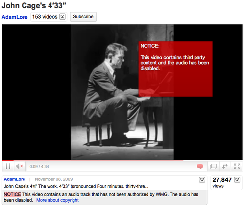 hardmiracle:
“ john cage’s 4’33” is fucking silence
someone put a copyright on the absence of sound
and then disabled the audio of a video
of the absence of sound
what a time to be alive
”