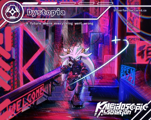 Silver the Hedgehog is walking through a dark city keeping his face covered in a dark combat outfit. The city is covered in neon red lights and heavy rain with red and blue police lights reflecting from the right.