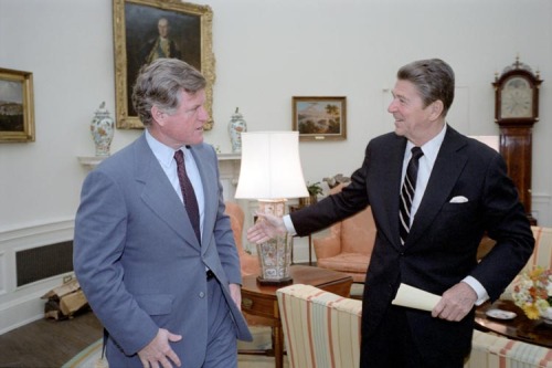 President Reagan meeting with Ted Kennedy to discuss the situation in Ireland and gun control. 6/1/81.
-From the Reagan Library