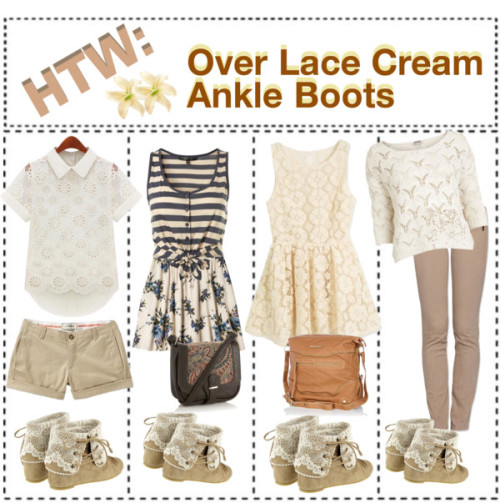 HTW: Over Lace Cream Ankle Boots by alivianandaa featuring short sleeve shirts