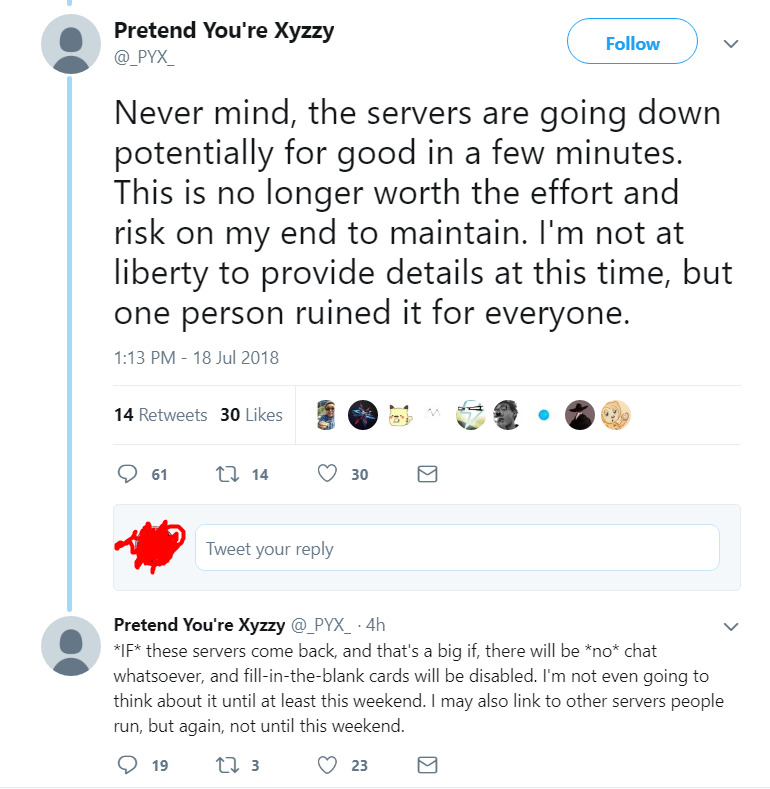 Not black & white on Tumblr: Pretend You're Xyzzy (Cards Against Humanity  online clone) is gone...