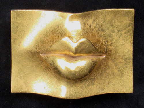 A 22K PUCKER - cast &amp; carved dental stone, 22k gilding, black faux suede shadowbox, wood, glass,