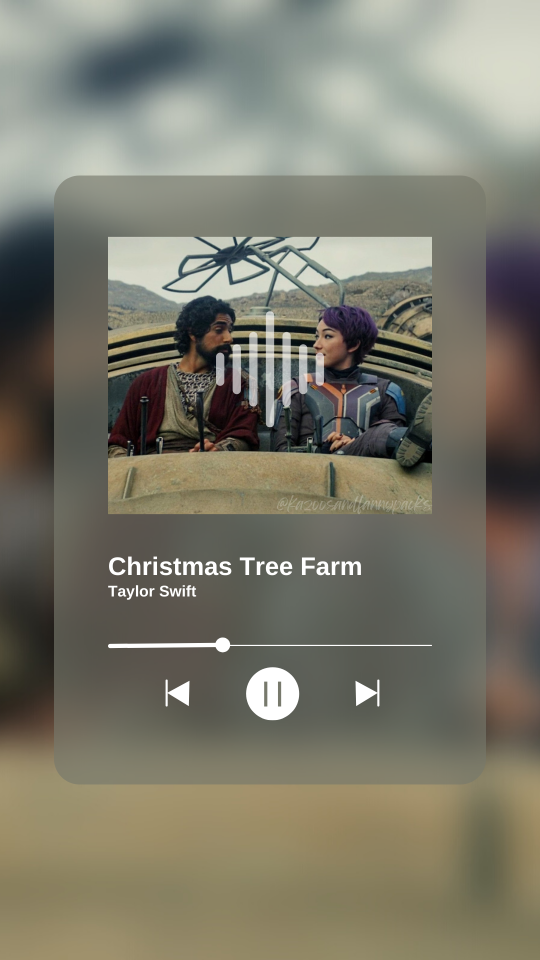 A fake screenshot of a song playing on a music player app. This one shows Sabine and Ezra sitting next to each other while driving Ezra's mobile home as the album cover, with the playing track being Christmas Tree Farm by Taylor Swift.